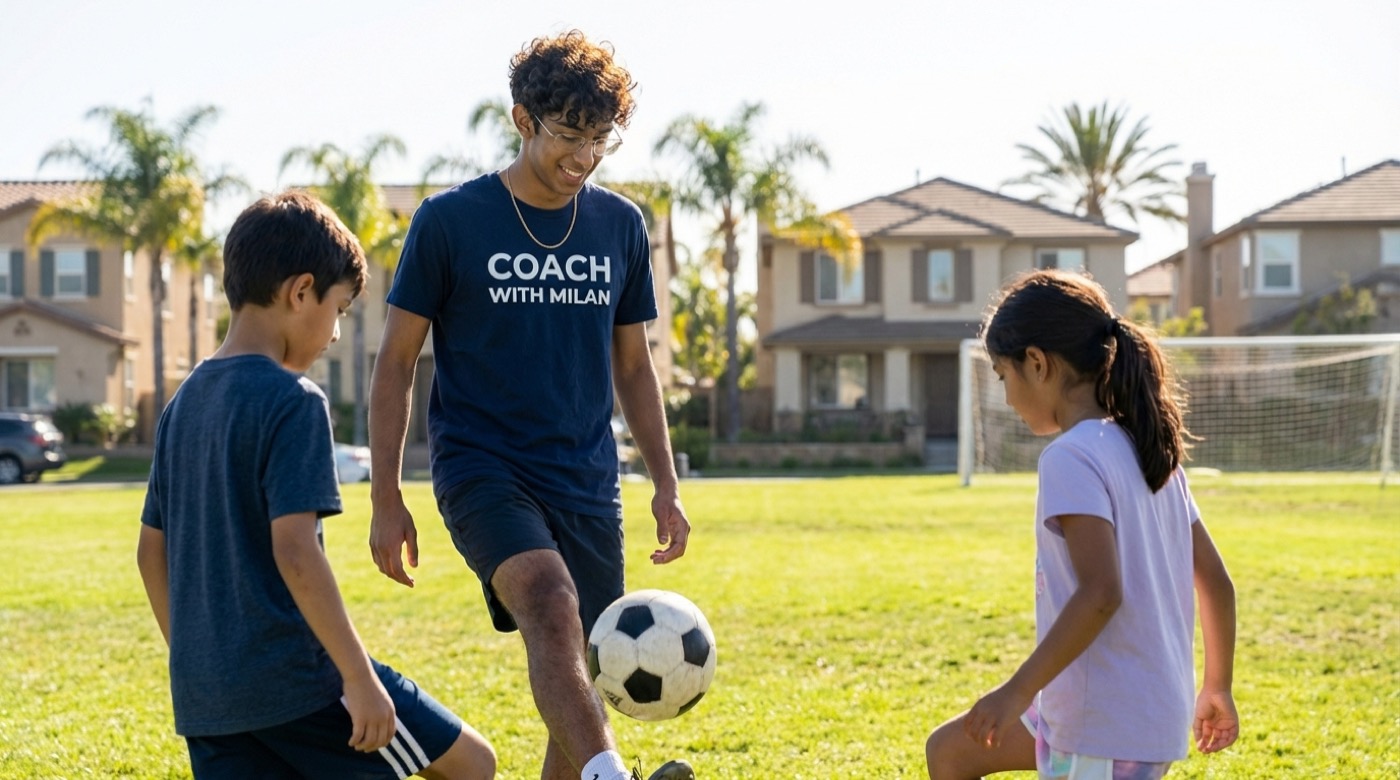 Milan juggling soccer ball with kids